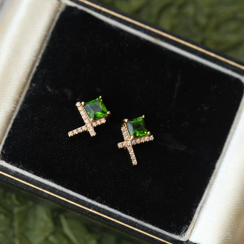 Whispering Grass: Mini Diopside Stud Earrings – Gold-Plated Sterling Silver, Simple Vintage-Inspired Green Studs