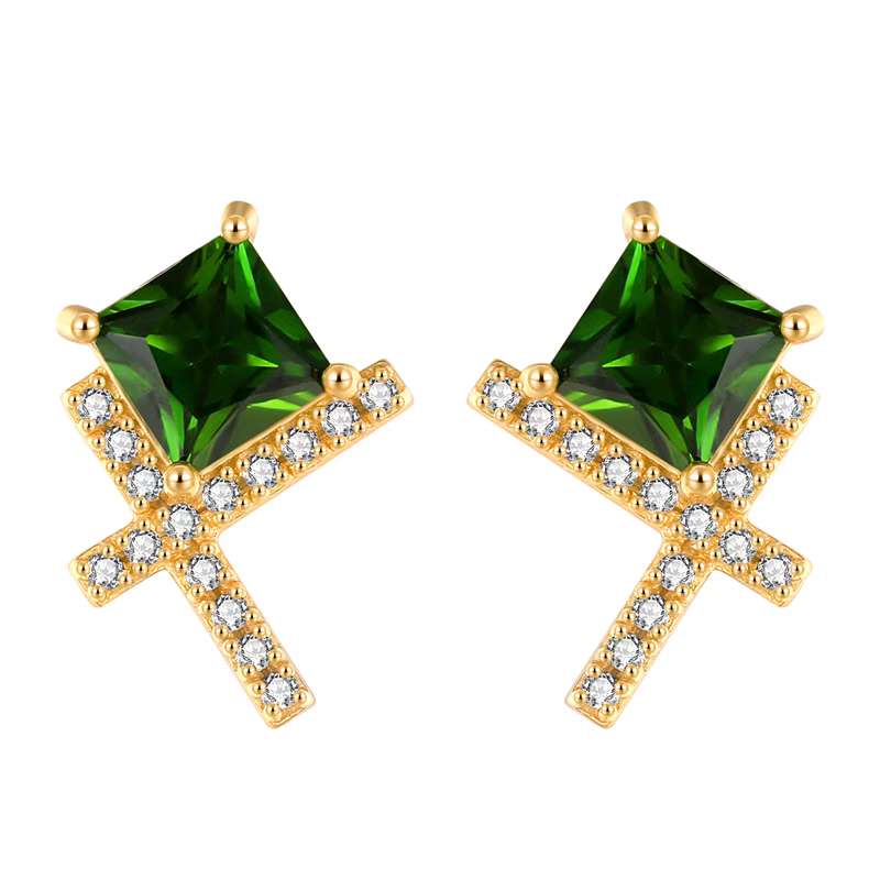 Whispering Grass: Mini Diopside Stud Earrings – Gold-Plated Sterling Silver, Simple Vintage-Inspired Green Studs