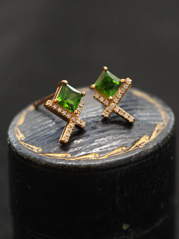 Whispering Grass: Mini Diopside Stud Earrings – Gold-Plated Sterling Silver, Simple Vintage-Inspired Green Studs