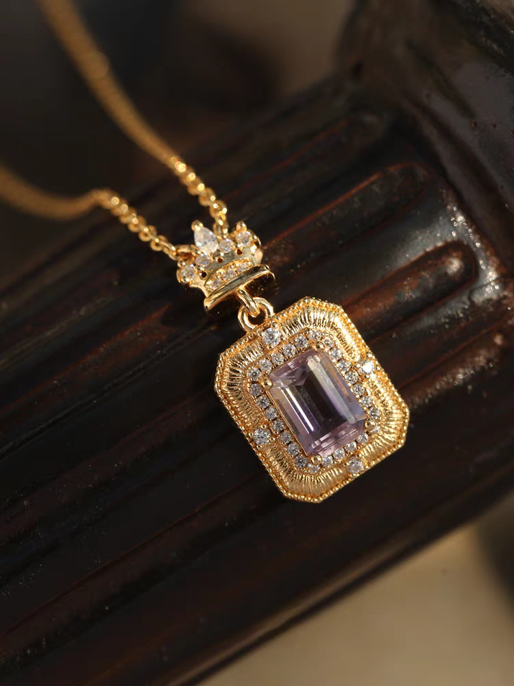 Proust Perfume Bottle Necklace – Vintage Purple and Yellow Crystal Silver-Plated Pendant