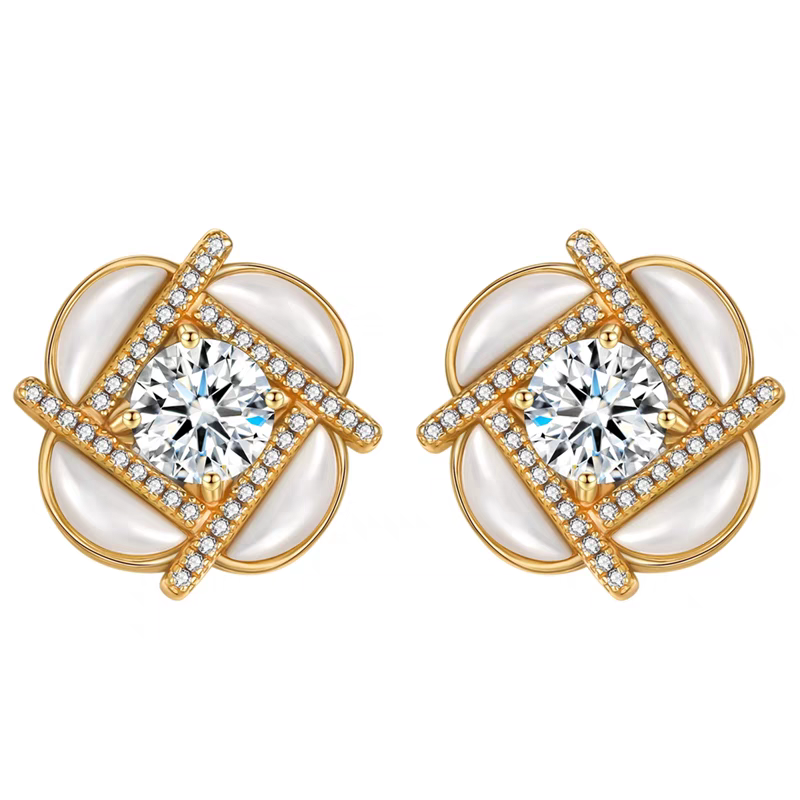 Clover Windmill Earrings – Gold-Plated Silver Mother-of-Pearl Studs with Sky Blue Topaz Accents