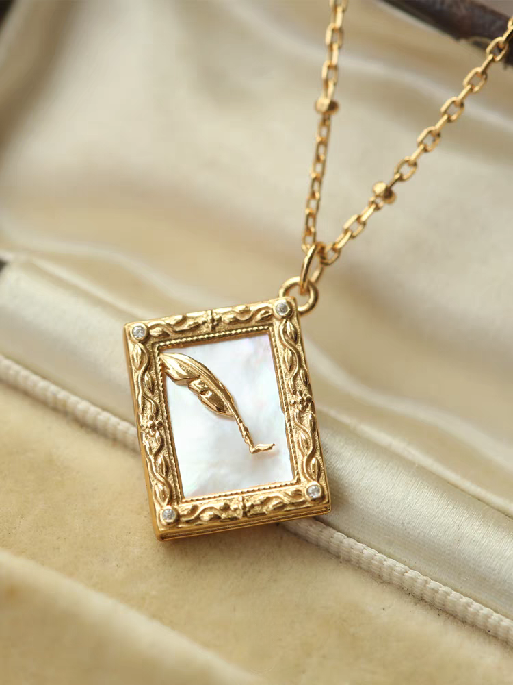 Dream of Light Necklace - Vintage Gold-Plated Mother of Pearl Pendant on Sterling Silver Chain