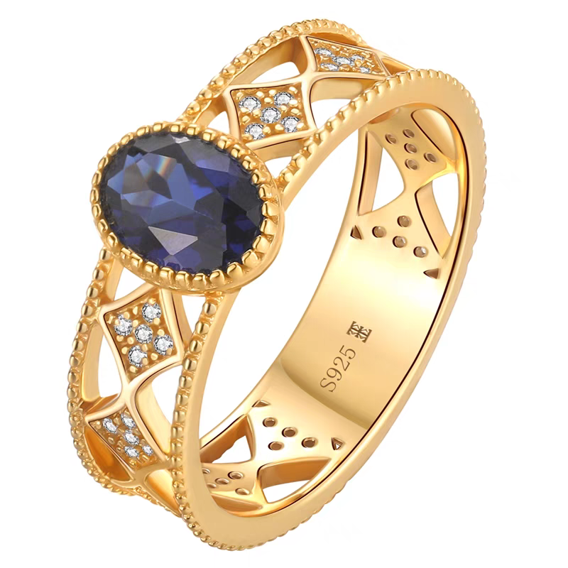 Celestial Voyage Ring - Gold-Plated Sterling Silver Sapphire Ring with Cubic Zirconia Accents