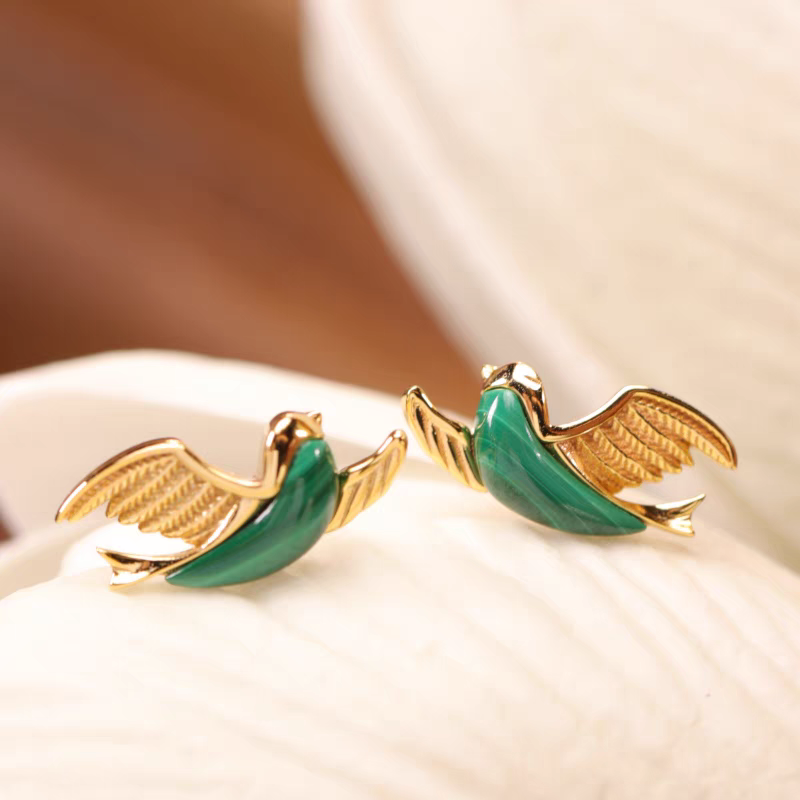 Emerald Bird: Malachite & Sterling Silver Stud Earrings - Elegant, Retro-Style Luxury Jewelry Gift