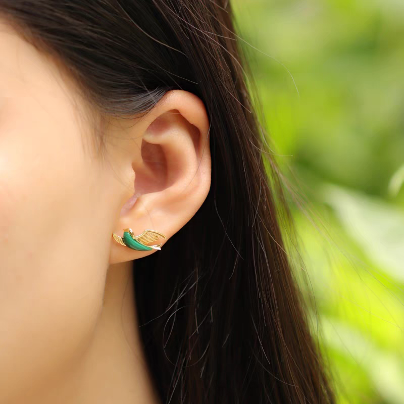 Emerald Bird: Malachite & Sterling Silver Stud Earrings - Elegant, Retro-Style Luxury Jewelry Gift