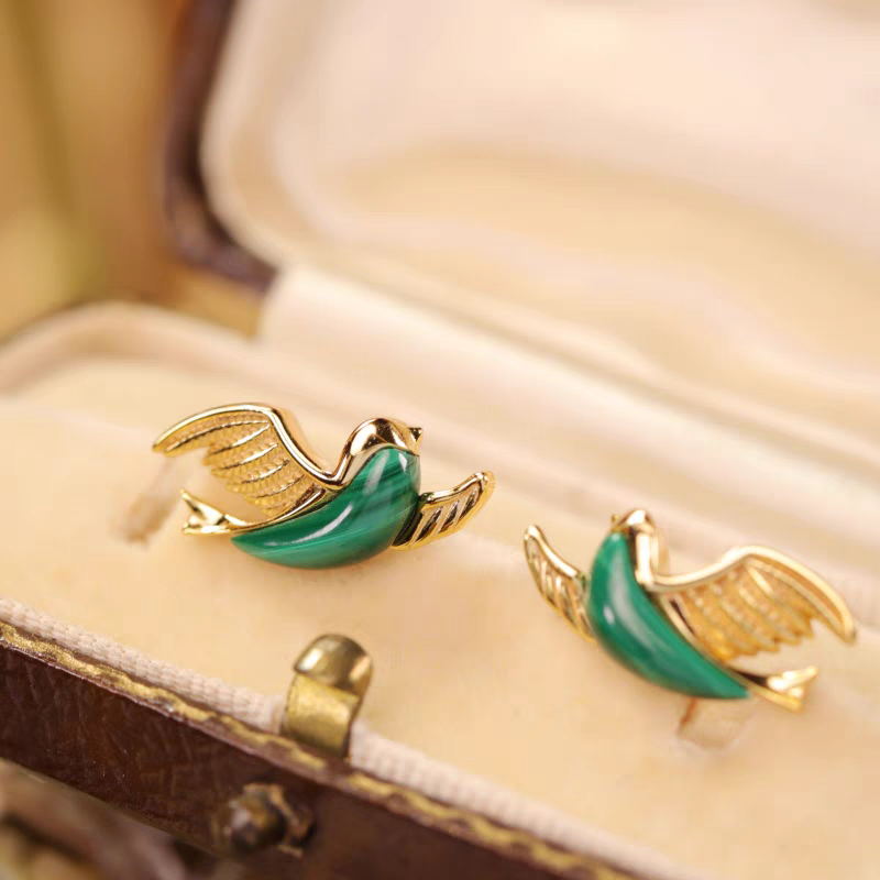 Emerald Bird: Malachite & Sterling Silver Stud Earrings - Elegant, Retro-Style Luxury Jewelry Gift