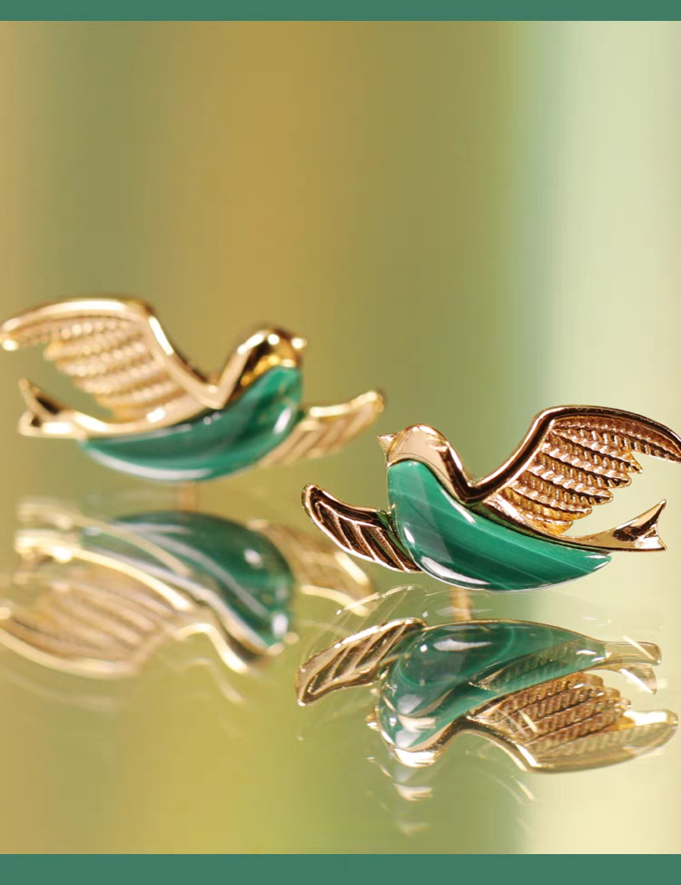 Emerald Bird: Malachite & Sterling Silver Stud Earrings - Elegant, Retro-Style Luxury Jewelry Gift