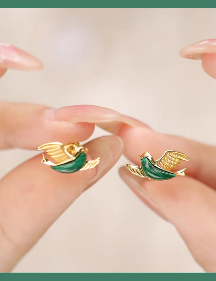 Emerald Bird: Malachite & Sterling Silver Stud Earrings - Elegant, Retro-Style Luxury Jewelry Gift