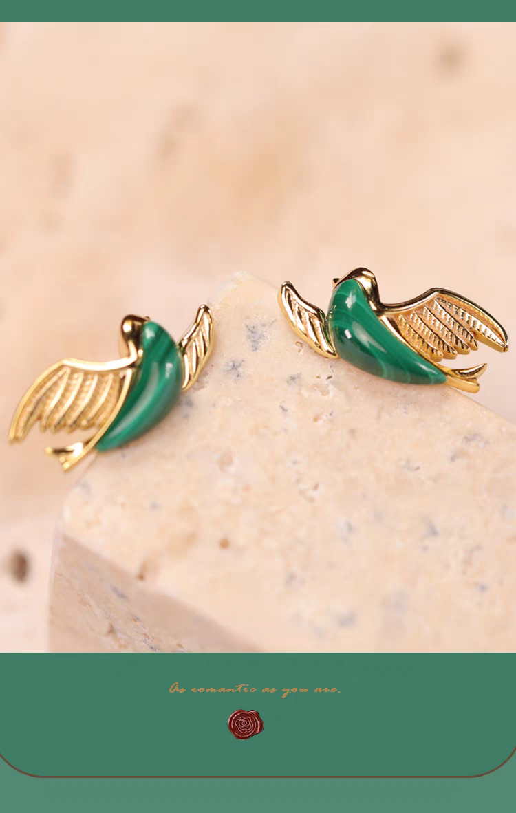 Emerald Bird: Malachite & Sterling Silver Stud Earrings - Elegant, Retro-Style Luxury Jewelry Gift