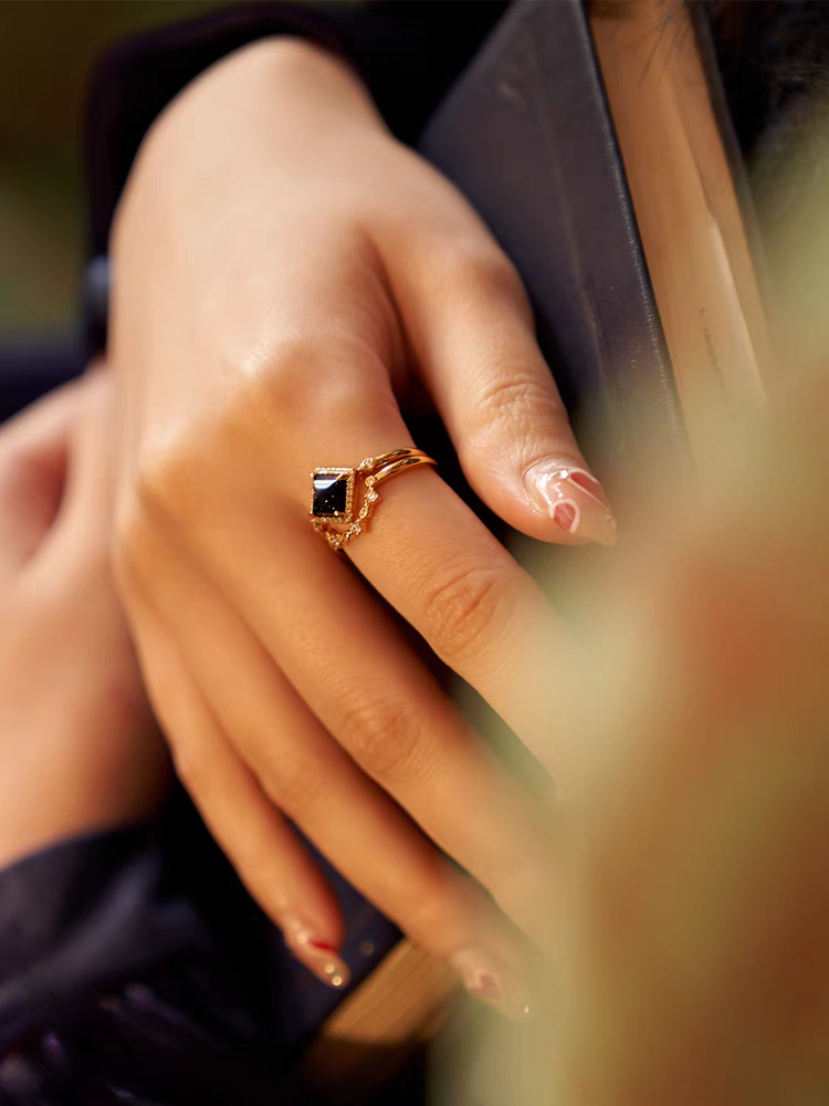 Dusk & Starry Sky: Vintage Gold-Plated Sterling Silver Blue Goldstone Stacking Ring