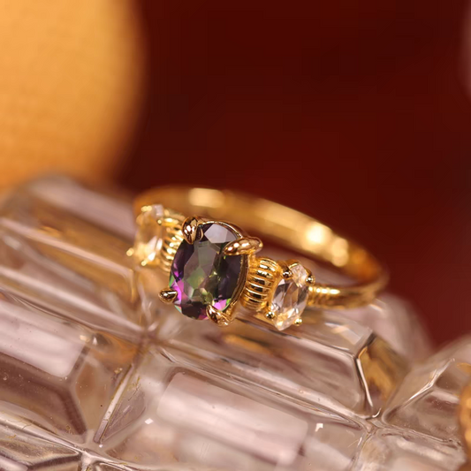 Proust Ring: Vintage-Style Perfume Bottle Design with Rainbow Topaz and White Topaz, Adjustable 925 Silver Ring