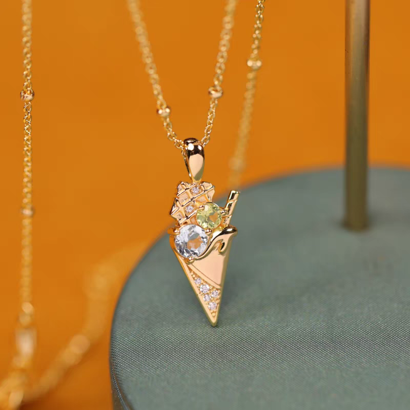 Sobremesa Collection Ice Cream Cone Necklace – 925 Silver Gilded Pendant with Blue Topaz & Peridot, Luxury Gift for Women