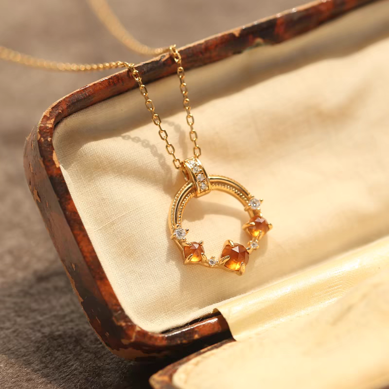 "Phantom Sun" Vintage Sterling Silver Garnet Necklace - Romantic Sunset Design, 925 Silver with Gold Plating,18"